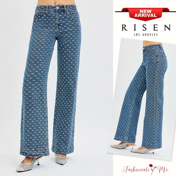 RISEN High Rise Bow Embroidered Details Zip Fly Dark Wash Wide Leg Denim Jeans - Picture 1 of 8